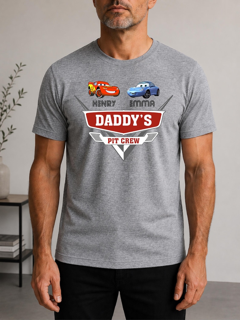 Custom Cars Dad Shirt With Kids Names, Daddy's Pit Crew Tee, New Dad Gift, Lightning McQueen Dad Shirt , Disney Fathers Day Gift Shirt image 2