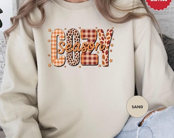 Cozy Season Sweatshirt, Womens Fall Sweater, Retro Leopard Fall Crewneck, Autumn Sweater, Thanksgiving Sweatshirt, Fall Season Sweater