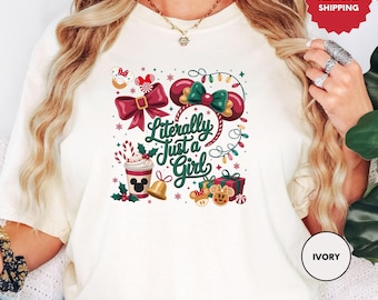 Camisa navideña "Literally Just A Girl" con lazo "Coquette Colors", camisa navideña de Minnie Mouse, regalo navideño de Disney, camisa navideña femenina
