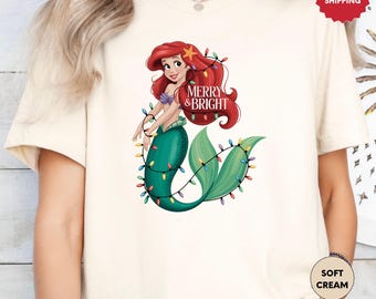 Princess Ariel Christmas Shirt, Disney Ariel Xmas Shirt, Little Mermaid Christmas Shirt, Merry And Bright Shirt, WDW Xmas Holiday Shirt