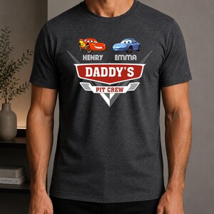 Custom Cars Dad Shirt With Kids Names, Daddy's Pit Crew Tee, New Dad Gift, Lightning McQueen Dad Shirt , Disney Fathers Day Gift Shirt image 3