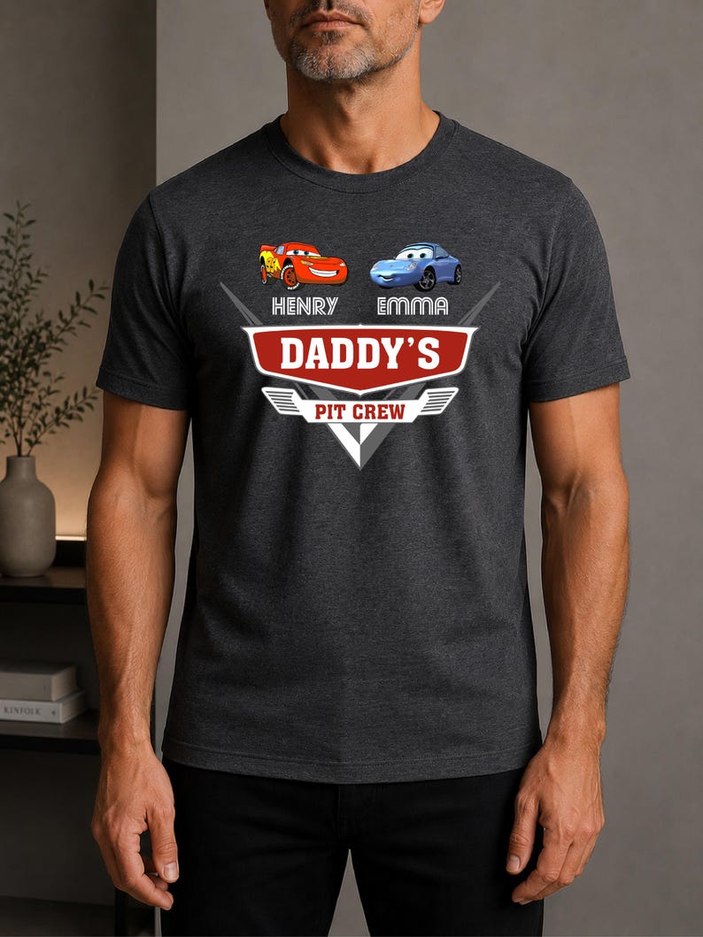 Custom Cars Dad Shirt With Kids Names, Daddy's Pit Crew Tee, New Dad Gift, Lightning McQueen Dad Shirt , Disney Fathers Day Gift Shirt image 3