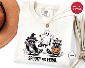 Comfort Colors Spooky And Feral Shirt, Halloween Feral Shirt, Ghost Raccoon Shirt, Witch Raccoon Shirt, Raccoon Pumpkin Tee, Halloween Gift