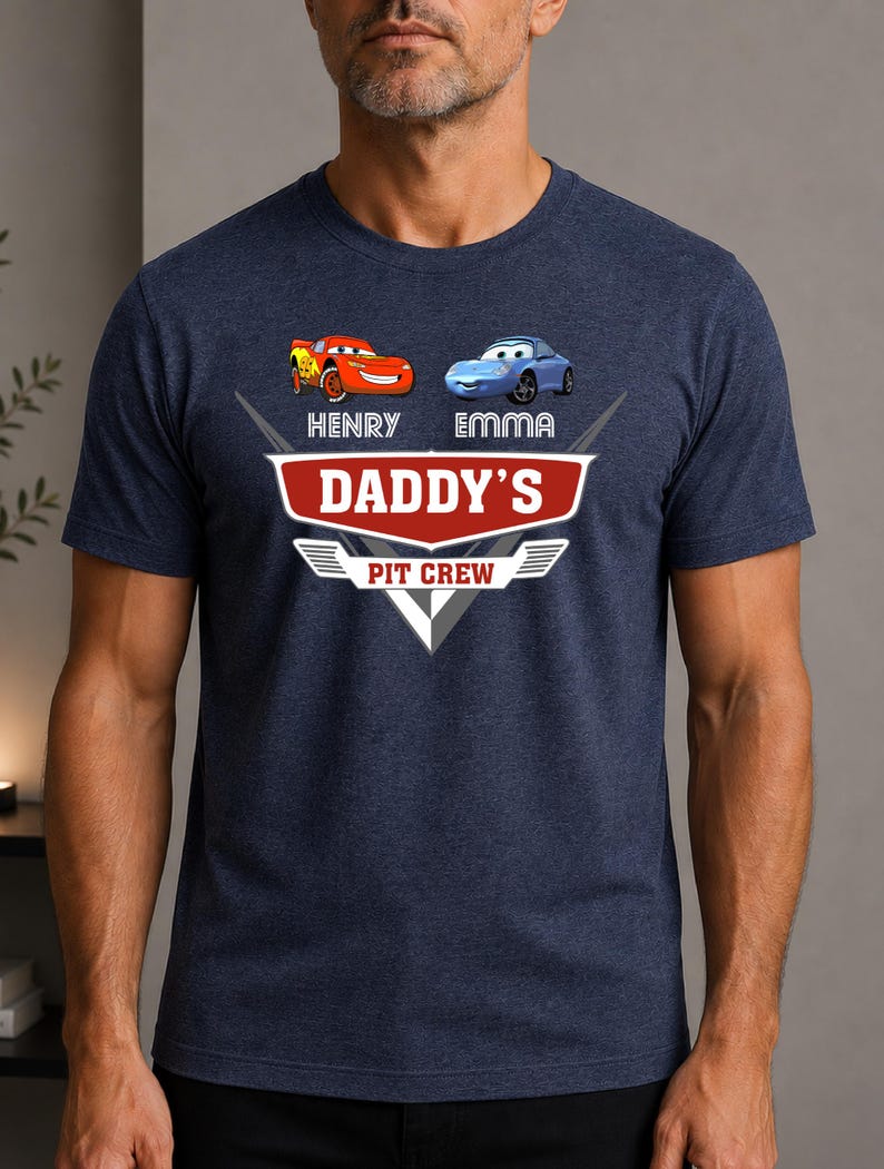 Custom Cars Dad Shirt With Kids Names, Daddy's Pit Crew Tee, New Dad Gift, Lightning McQueen Dad Shirt , Disney Fathers Day Gift Shirt image 1