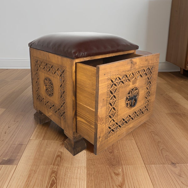 Ottoman Stool - Ottoman Pouf - Hand Carved Wood Stool - With Top Cushion - Ottoman Carved - Make Up Pouf - Vanity Chair - Vintage Style Pouf