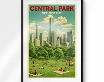 Poster van Central Park in New York City | Vintage NYC reiskunst | Print van een schapenweide