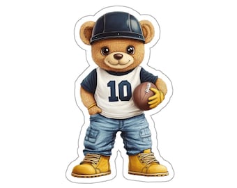 Football Teddy Bear Sticker – Tough Teddy Vinyl Decal for Laptop, Journal, Water Bottle
