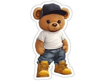 Teddy Bear Vinyl Sticker – Tough Teddy Glossy Decal for Laptop, Journal, Water Bottle