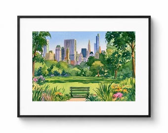 Poster van Sheep Meadow Central Park | Muurdecoratie met de skyline van New York in aquarel