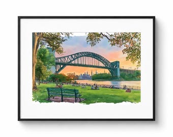 Poster van de zonsondergang in Astoria Park, Queens, New York | Muurdecoratie in aquarelstijl