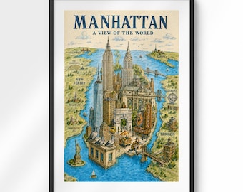 Manhattan: Een blik op de wereld - Poster | Vintage geïllustreerde kaart van New York