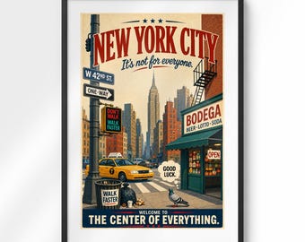 Grappige poster van New York City | Brutale reisposter van NYC | Vintage muurdecoratie van Manhattan