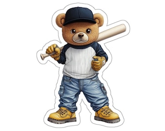 Baseball Teddy Bear Sticker – Tough Teddy Vinyl Decal for Laptop, Journal, Water Bottle