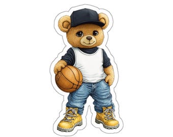 Basketball Teddy Bear Sticker – Tough Teddy Vinyl Decal for Laptop, Journal, Water Bottle