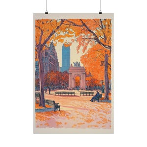 Póster de otoño con risografía de Washington Square Park: impresión artística de otoño en Nueva York