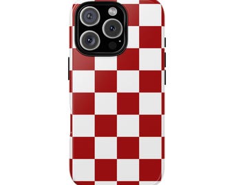 Tough iPhone Case - Deep Red and White Checkered | Dual-Layer Protection