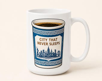 Staden som aldrig sover kaffemugg | Retro NYC Skyline-illustration, New York-present
