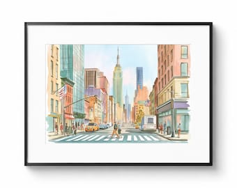 Poster van een zonnig New Yorkse straat | Muurdecoratie met de skyline van Manhattan in aquarel