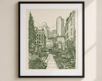 Elizabeth Street Garden Groene Lijn Kunstprint, Soho NYC Minimalistische Muurdecoratie
