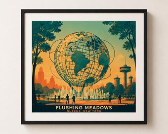 Globus-Poster „Flushing Meadows“ | Retro-Wandbild aus Queens | NYC-Reiseposter