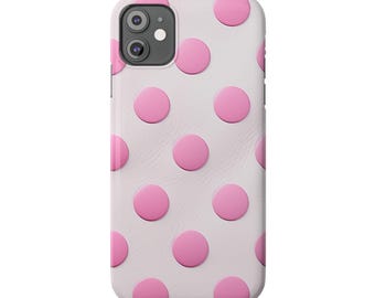 Capa fina para iPhone em couro branco com bolinhas rosa | Acabamento elegante e brilhante, carregamento sem fio