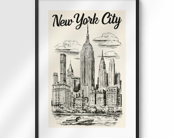 Poster met de skyline van New York City | Zwart-wit illustratie van Manhattan | Muurdecoratie in NYC