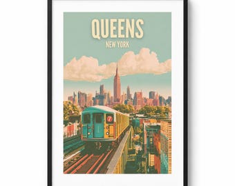 Poster van de skyline van Queens, New York | Vintage matte verticale metroposter