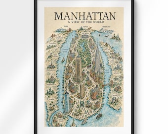 Poster met een geïllustreerde plattegrond van Manhattan | Vintage muurdecoratie van New York City