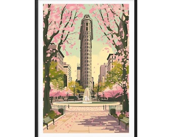 Print van de kersenbloesems in Madison Square Park | Giclée-poster van het Flatiron Building