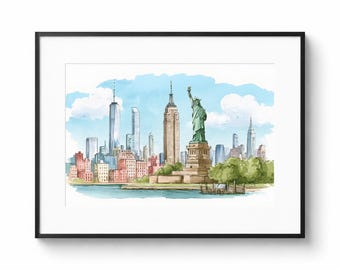 Poster van de skyline van New York met het Vrijheidsbeeld | Aquarel NYC matte muurdecoratie