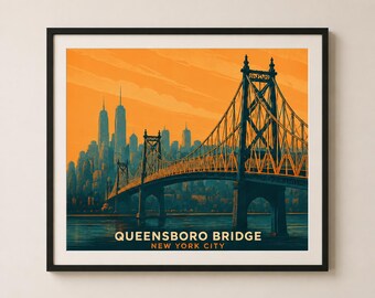 Póster del puente Queensboro / Arte mural retro del horizonte de Nueva York / Lámina de viaje de Nueva York