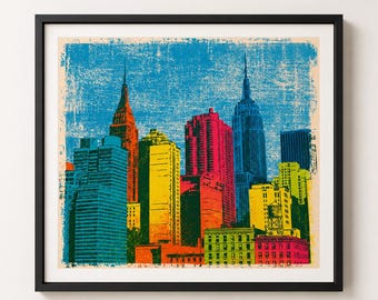 New York City Skyline Pop Art Poster | Colorful NYC Wall Art | Retro Skyscraper Print