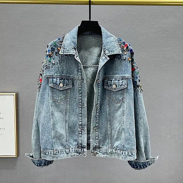 Denim Jacket with Rhinestone-Adorned Shoulders Women Jeans Coat