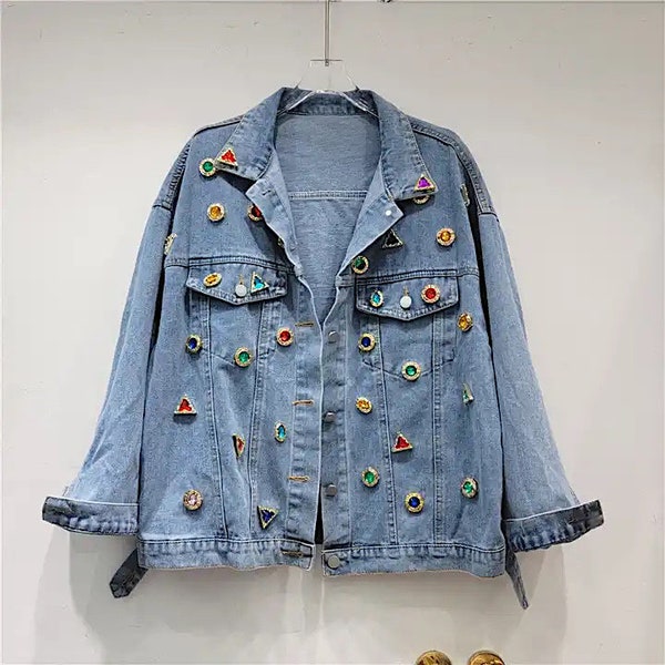 Veste en jean bleue à manches longues et strass coloré pour femme