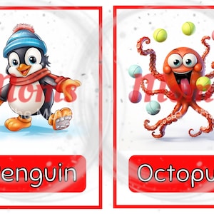 May include: Two illustrated flashcards featuring a penguin wearing a blue hat and red scarf and an octopus juggling balls. The penguin card says "Penguin" and the octopus card says "Octopus".