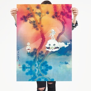 Op de afbeelding: Een kleurrijk abstract schilderij met een witte geestfiguur in het midden. De geest zit op een wolk met een berg op de achtergrond. Het schilderij heeft een Japanse esthetiek met een rode stempel in de linkerbenedenhoek.