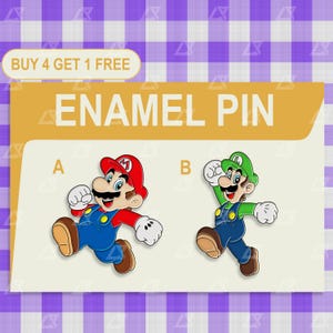 May include: Enamel pin featuring Mario and Luigi characters. Mario is wearing a red hat and blue overalls. Luigi is wearing a green hat and blue overalls. The text "ENAMEL PIN" is displayed above the characters.