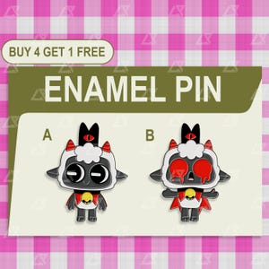 May include: Enamel pin with a cartoon lamb design in black, white, red, and gold. The pin has a black outline and a gold bell. The text "ENAMEL PIN" is displayed above the pin.