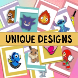 May include: A collection of colorful enamel pins featuring various characters and designs, including a mushroom character, a Pokemon character, a Totoro character, a Stitch character, a Bill Cipher character, a Dory character, a Pikachu character, a pink heart, and a Sonic character. The pins are displayed on white cards with a gold border and the text "UNIQUE DESIGNS".