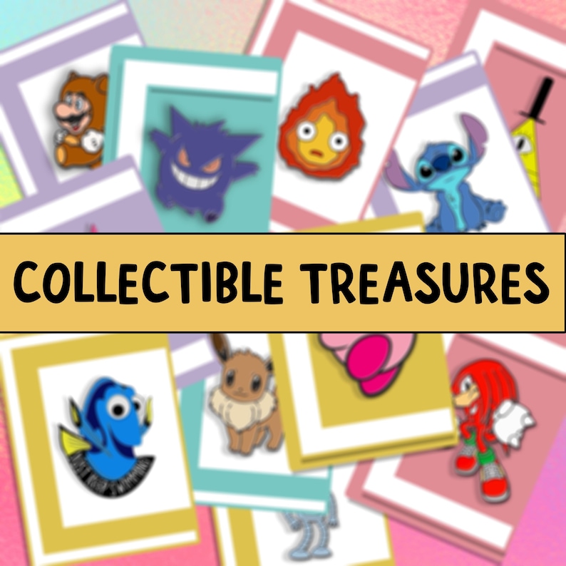 May include: A collection of colorful enamel pins featuring various characters, including a mushroom, a Pokemon, a creature from Studio Ghibli, a cartoon dog, and a character from Gravity Falls. The pins are displayed on white cards with a gold banner that reads "COLLECTIBLE TREASURES".
