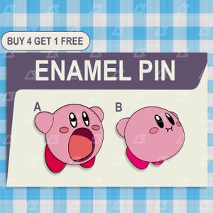 May include: Pink enamel pin featuring two cartoon characters. One character has an open mouth, the other has a closed mouth. The text "ENAMEL PIN" is above the characters. The text "BUY 4 GET 1 FREE" is in the upper left corner.