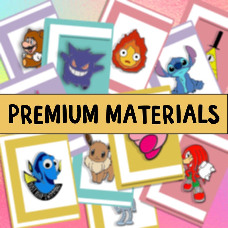 May include: A collection of colorful enamel pins featuring various characters, including a cartoon fish, a red and black hedgehog, a pink heart, a brown and white fox, a blue and white character with a red nose, a purple and black character with red eyes, a red and yellow character with a red hat, a blue and white character with a red nose, and a yellow character with a red hat. The pins are displayed on white cards with a gold banner that reads "PREMIUM MATERIALS".