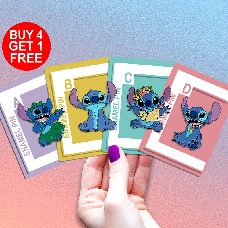 May include: Four enamel pins featuring Stitch from Lilo & Stitch. Each pin is on a card with a letter A through D and the words "Enamel Pin".