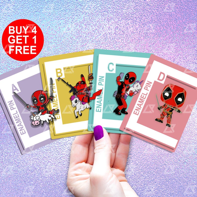 May include: Four enamel pins featuring a cartoon character riding a unicorn, holding a gun, taking a selfie, and holding a sword. The pins are labeled A, B, C, and D. The text "ENAMEL PIN" is printed on each card. The text "BUY 4 GET 1 FREE" is printed on a red circle.
