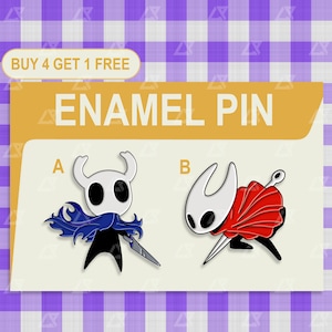 May include: Two enamel pins depicting cartoon characters. One pin shows a white character with a blue cape and a sword. The other pin shows a white character with a red cape and a sword. The text "ENAMEL PIN" is displayed above the pins, with the text "BUY 4 GET 1 FREE".