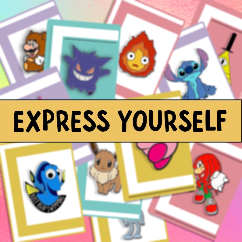 May include: A collection of colorful enamel pins featuring various characters and designs, including a cartoon mushroom, a Pokemon, a character from Studio Ghibli, Stitch from Lilo & Stitch, a cartoon creature, a cartoon dog, a cartoon hedgehog, and a cartoon fish. The pins are displayed on white cards with a gold border. The cards are arranged in a random pattern. The text "EXPRESS YOURSELF" is displayed in black letters on a gold background.