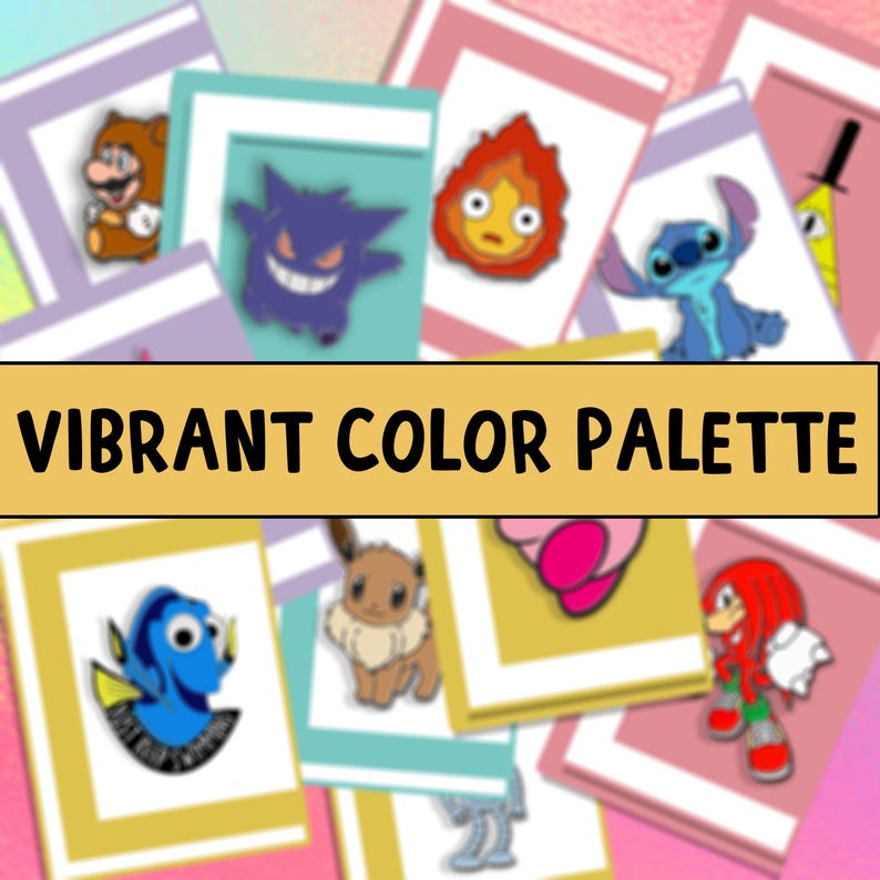 May include: A collection of colorful enamel pins featuring various characters, including a Pokemon, a Totoro, a Stitch, and a Bill Cipher. The pins are displayed on a white background with a yellow banner that reads "VIBRANT COLOR PALETTE".