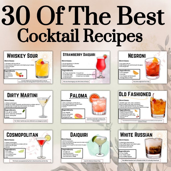 30 cartes de recettes de cocktails populaires | Carte de recette de boisson | Carte de recette imprimable | Meilleure carte de boissons pour cocktails | Modifier dans Canva