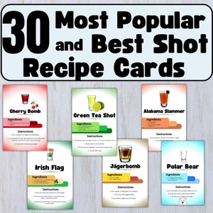 30 Popular Shot Recipe Cards | Drink Recipe Card | Printable Recipe Card | Best Shooters Party Drink Card | Edit in Canva