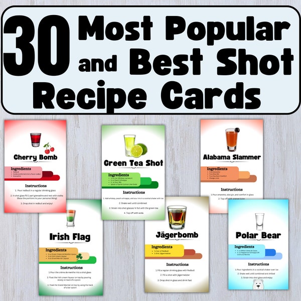 30 Popular Shot Recipe Cards | Drink Recipe Card | Printable Recipe Card | Best Shooters Party Drink Card | Edit in Canva